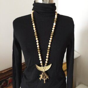 Vintage Jasper Beaded Necklace with Brass Charms